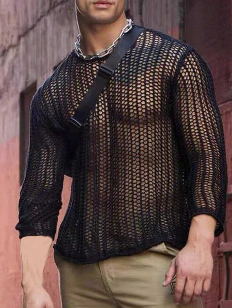 Manfinity RSRT 男士純色短袖空心針織衫 - 黑色 - 查看 1