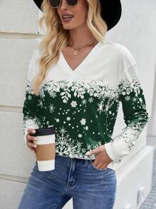 SHEIN LUNE 女款雪花印花長袖t恤 - 綠色 - 查看 4