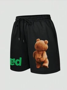 Manfinity Dauomo Hombres Shorts con estampado de oso y letra de cintura con cordón - Negro - Ver 3