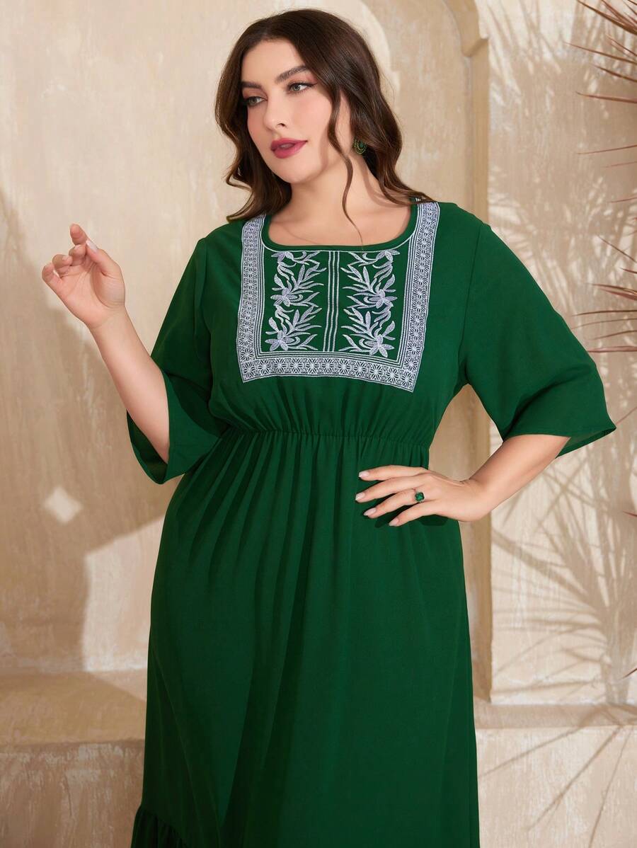Al Najma Plus Size Embroidered Detail Dress - Dark Green - View 1