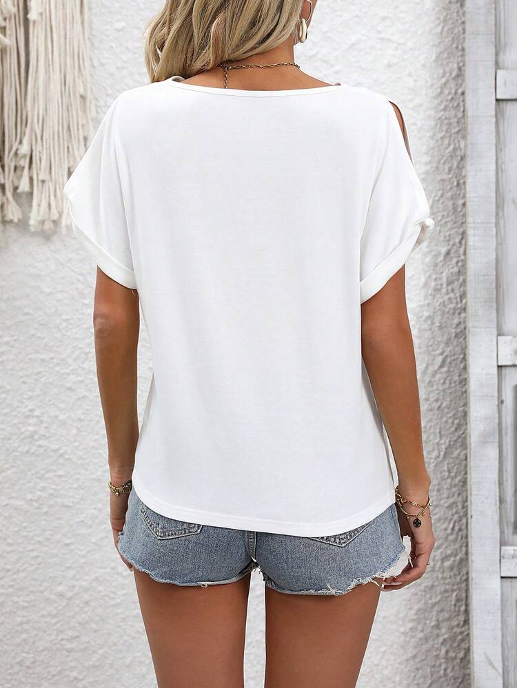 Women's Solid Color T-Shirt With Hollow Out Sleeves And Scallop Hem