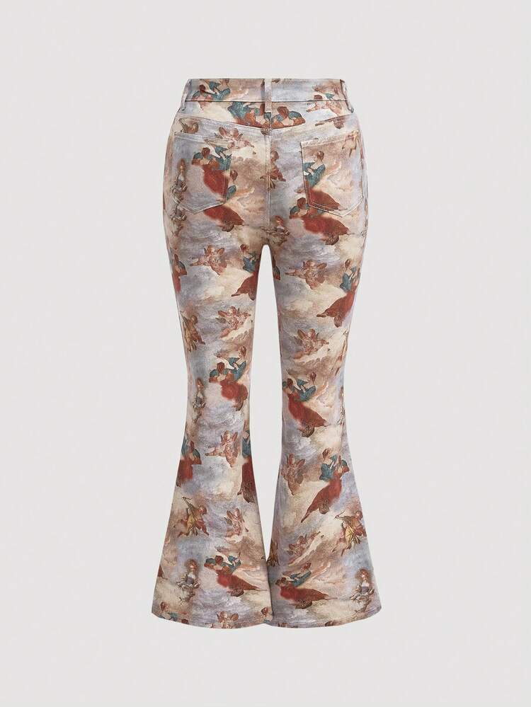 Vintage Oil Painting Print Plus Size Women's Slim Fit Stretch Denim Flared Pants