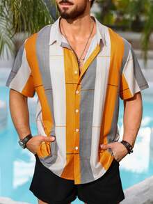 Manfinity Homme 男士對比色鈕扣襯衫,大尺寸 - 彩色 - 查看 3