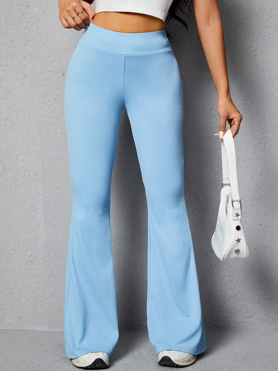 SHEIN PETITE Pantalones Acampanados Unicolor Para Mujer - Azul - Ver 1