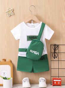 Baby Boy Letter Print Short Sleeve Top + Shorts + Bag 3pcs Outfit Set