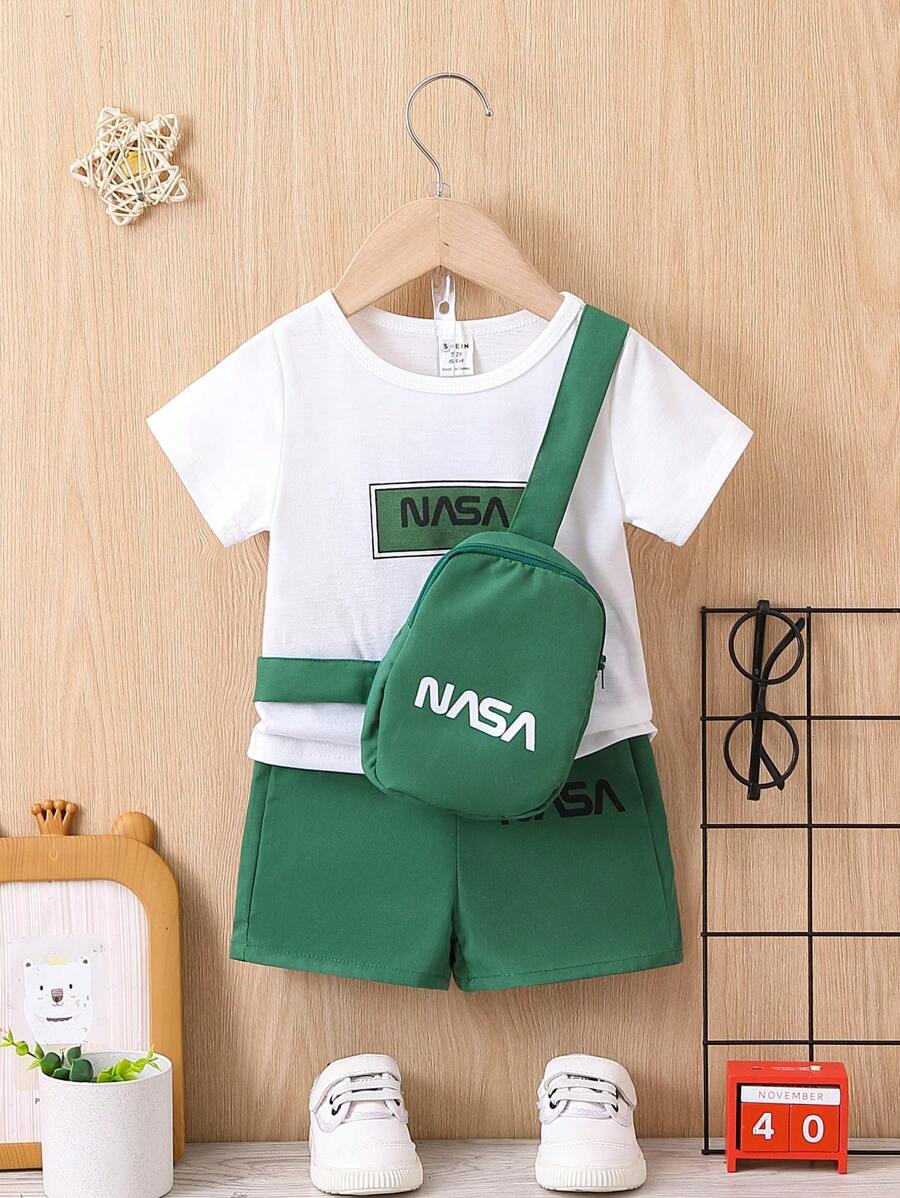 Baby Boy Letter Print Short Sleeve Top + Shorts + Bag 3pcs Outfit Set