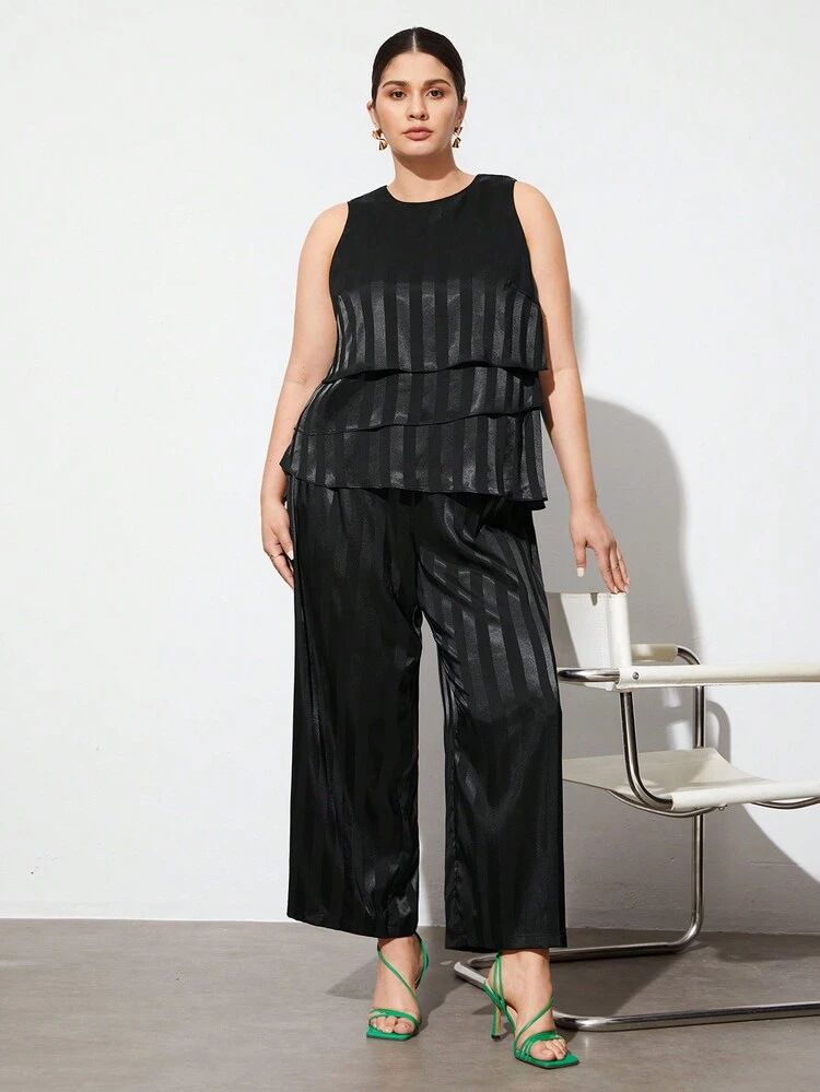 Plus Size Striped Casual Two-Piece Set