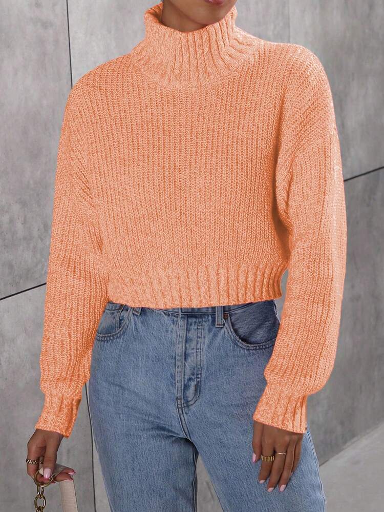 Women's High Neck Drop Shoulder Long Sleeve Pullover Sweater, Knit Pullover Fall Winter