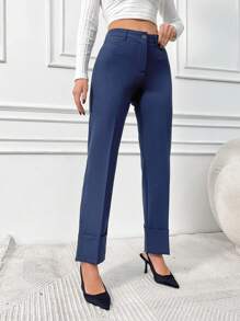 SHEIN Cottnline High Waisted Straight Leg Pants - Navy Blue - View 3
