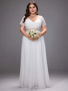 Elasola 大尺碼女款對比色蕾絲心形領婚紗禮服，純白色優雅派對長裙 - 白色 - 查看 7