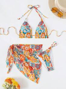 SHEIN Swim Bộ bikini hai mảnh in hoa dây buộc cổ dành cho nữ Carnival Bãi biển mùa hè - Nhiều màu - Xem 2