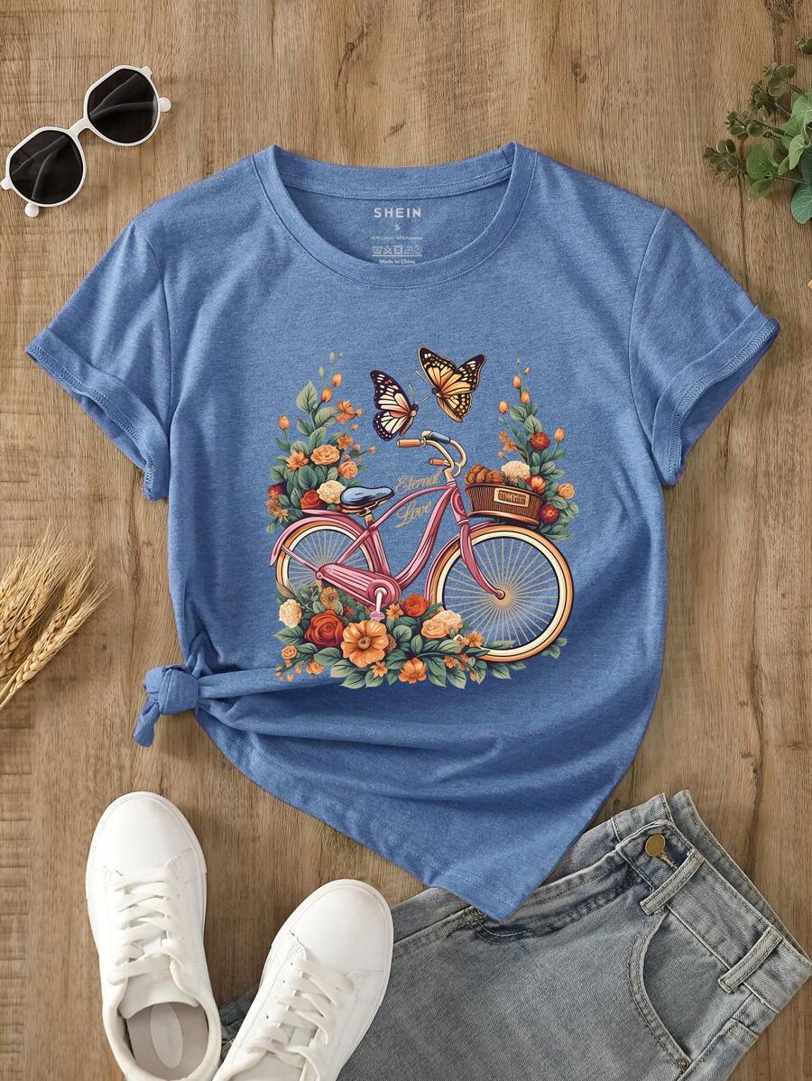 INAWLY Áo thun in hình xe đạp và hoa dành cho nữ - Màu xanh lam - Xem 1