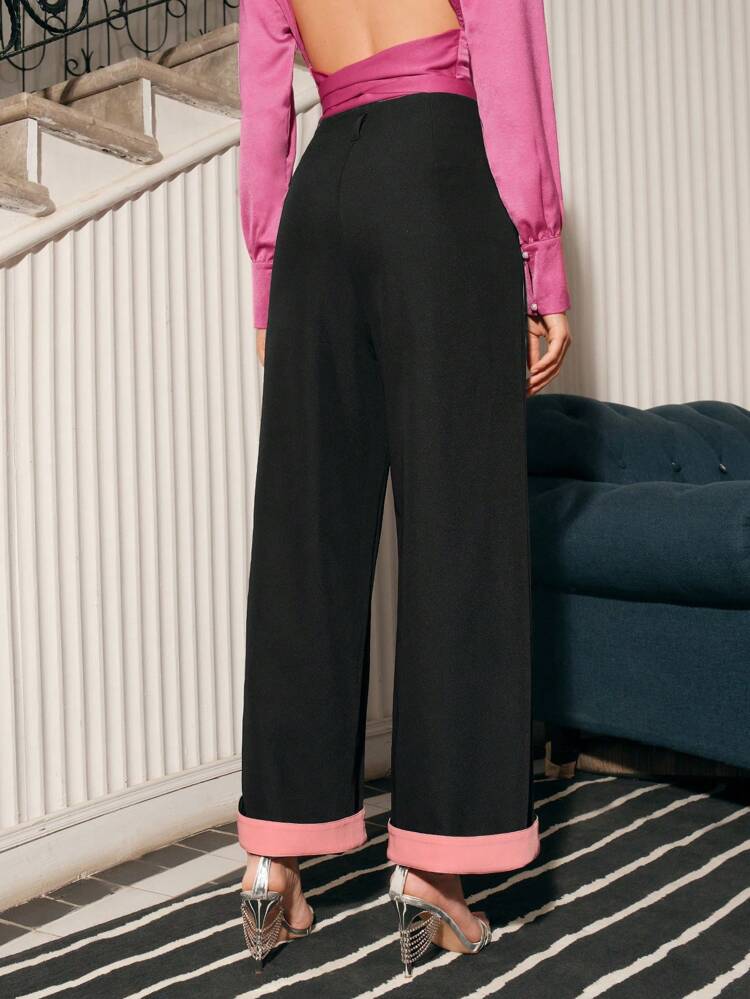 Loose Wide Leg Pink Suit Pants With Hem Color Blocking