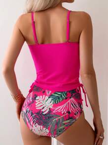 SHEIN Swim 夏季沙灘女士熱帶印花鉤花綁帶坦克泳衣上衣，嘉年華