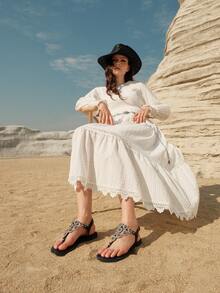 Styleloop 女士時尚舒適平底涼鞋,鑲有閃石細節,韓國女性休閒平底拖鞋,開放式鞋尖設計,適用於夏秋季節,羅馬風格,適合搭配連衣裙,適用於海灘或海邊戶外活動,波西米亞風格細帶平底涼鞋,是假期的完美選擇 - 黑色 - 查看 3