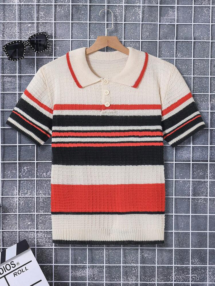 Teen Boy's Striped Short Sleeve Polo Collar Sweater