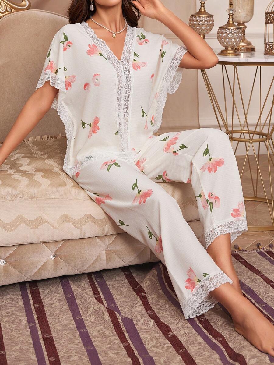 女性花卉印花拼接蕾絲短袖和長褲睡衣套裝 - 杏色 - 查看 1