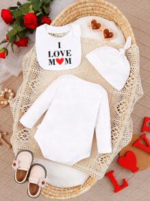 3pcs Baby Boys' Heart Pattern Long Sleeve Bodysuit, Drool Bib, Hat Set With Valentine'S Day Slogan Print - Multicolor - View 2