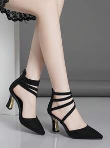 Women's Pointed Toe Chunky Heels Slip-On High Heels With Back Zipper And Strap