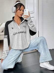 SHEIN EZwear 女式字母印花拉鍊半開襟運動衫 - 彩色 - 查看 1