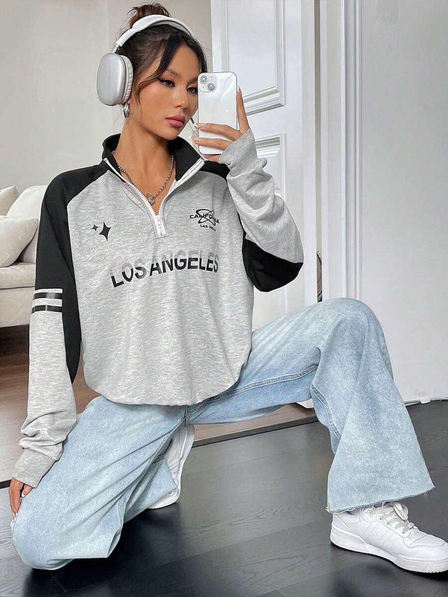 SHEIN EZwear 女式字母印花拉鍊半開襟運動衫 - 彩色 - 查看 1