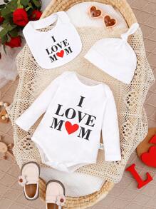 3pcs Baby Boys' Heart Pattern Long Sleeve Bodysuit, Drool Bib, Hat Set With Valentine'S Day Slogan Print - Multicolor - View 1