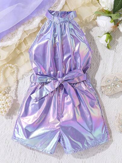 SHEIN Young Girl Casual Colorful Laser-Reflective Halter Romper