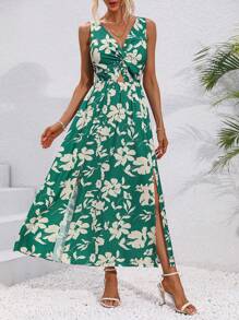 SHEIN LUNE 女性v領花卉印花連身裙,扭曲前總設計 - 綠色 - 查看 3