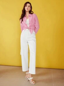 MOTF PREMIUM Dệt Của phụ nữ Thả vai Áo sơ mi - Hồng - Xem 10