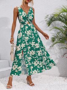 SHEIN LUNE 女性v領花卉印花連身裙,扭曲前總設計 - 綠色 - 查看 4