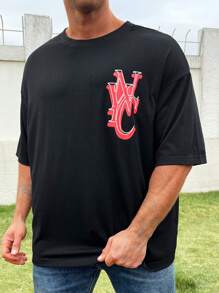 Manfinity Homme Men's Plus Size Loose Fit Letter Print Round Neck T-Shirt - Black - View 2