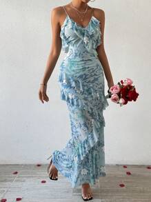 Breezaya 花卉印花荷葉邊 V 領細肩帶洋裝 - 藍色 - 查看 5