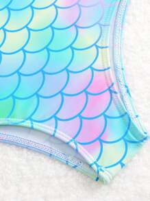 少女一件式泳衣,美人魚尾巴設計,魚鱗花紋,荷葉邊,春夏沙灘服