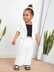 SHEIN Leap Crew NovaGlow 女婴 3 件套女婴休闲纯色短袖衬衫 + 长裤 + 吊带背心上衣套装 - 白色 - 查看 5