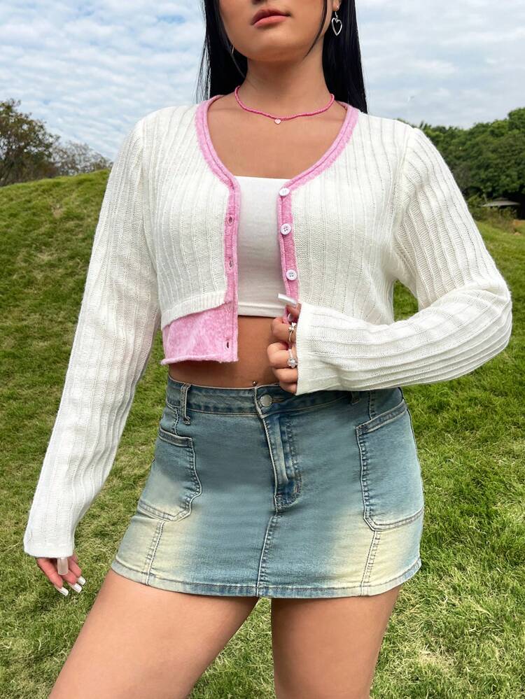 Plus Size Women's Color-Block Long Sleeve Cardigan