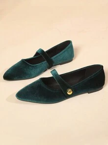 女士尖頭絨面平底鞋配金屬扣,百搭時尚 - 墨綠色 - 查看 7
