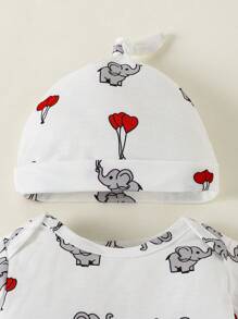 SHEIN 情人节男婴连体衣，饰有心形、气球、大象图案和帽子，三件套