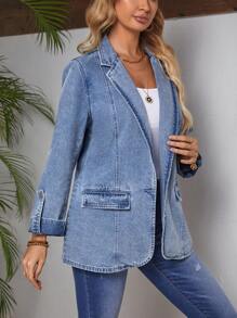SHEIN LUNE Giacca In Denim Con Maniche Risvoltate E Colletto Rovesciato