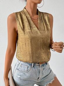 SHEIN Privé V領無袖襯衫 - 金色 - 查看 4