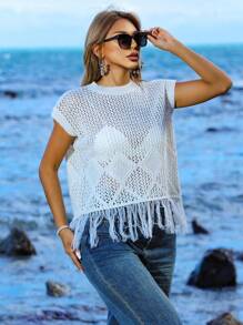 Zolique Knitted Sweater Vest With Tassel Hollow Out Hem