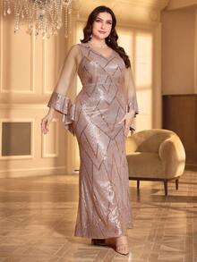Váy dự tiệc Maxi sequin lưới tương phản dài tay cỡ lớn cho nữ, Váy cô dâu, Trang phục sinh nhật cho phụ nữ, Váy tốt nghiệp, Váy trang trọng - Hồng - Xem 3