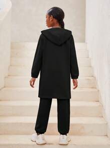 Cô gái Tween Thể thao Trang phục trên phố Đan Dài Khóa kéo-lên Hoodie Và Quần Chạy bộ Bộ - màu đen - Xem 2