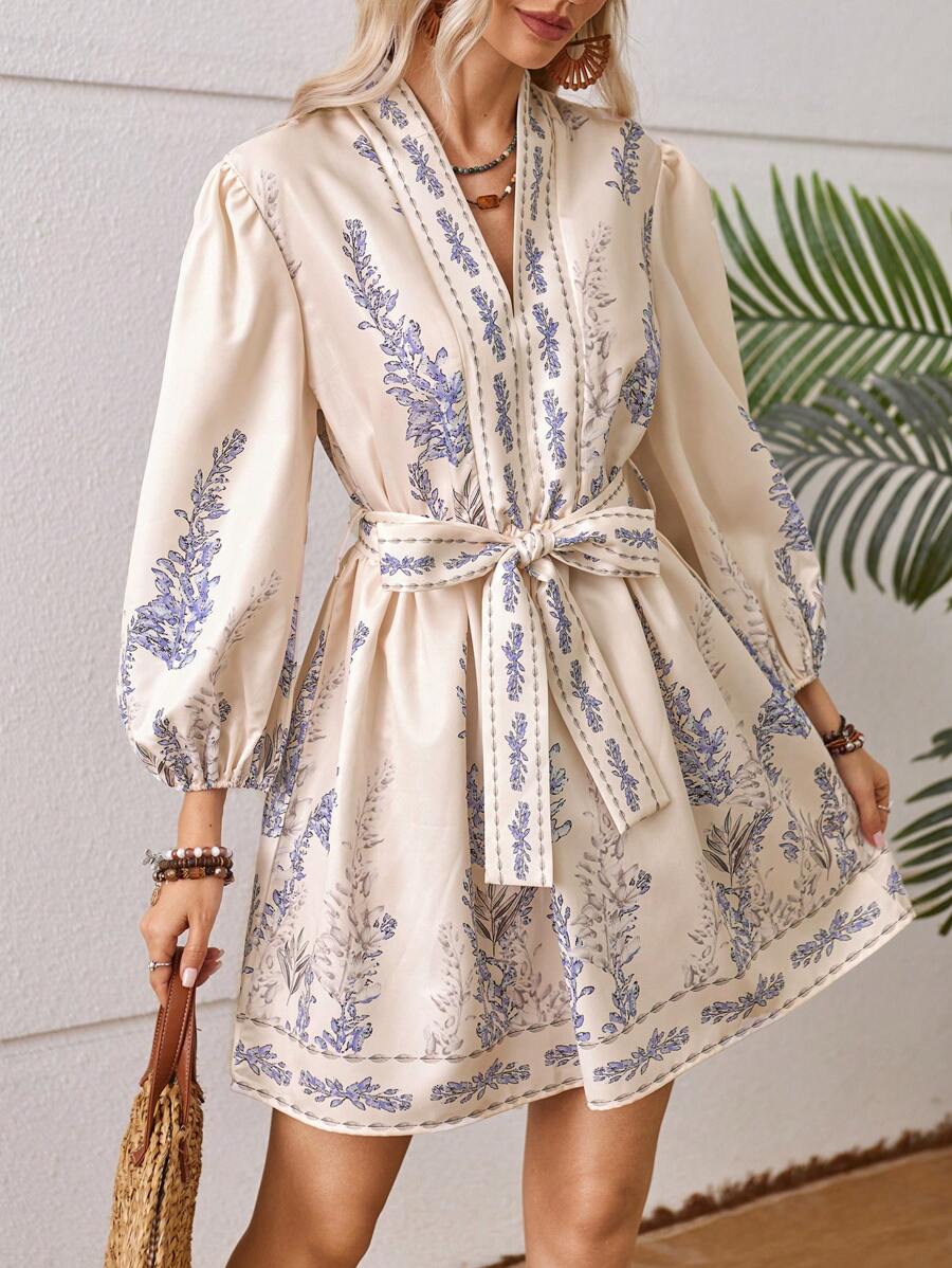 Aveloria Rosie Women'S Lantern Sleeve Belted V-Neck Dress Vacation Outfits Woman 