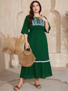 Al Najma Plus Size Embroidered Detail Dress - Dark Green - View 3
