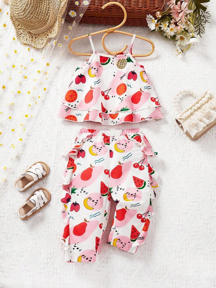 Baby Girl'S Casual Cute Cartoon Fruit Pattern Ruffled Strap Tank Top And Long Pants Set