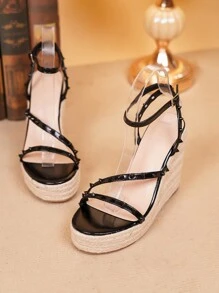 Teen Girls' Fashionable Peep Toe High-Heeled Sandals With Hollow Out Design & Rhinestone, Black Color - Black - View 2