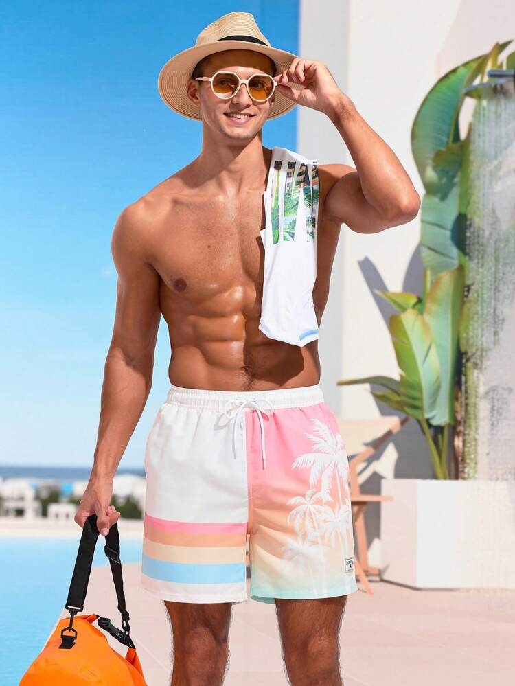 Men's Macaroon Striped Drawstring Beach Shorts