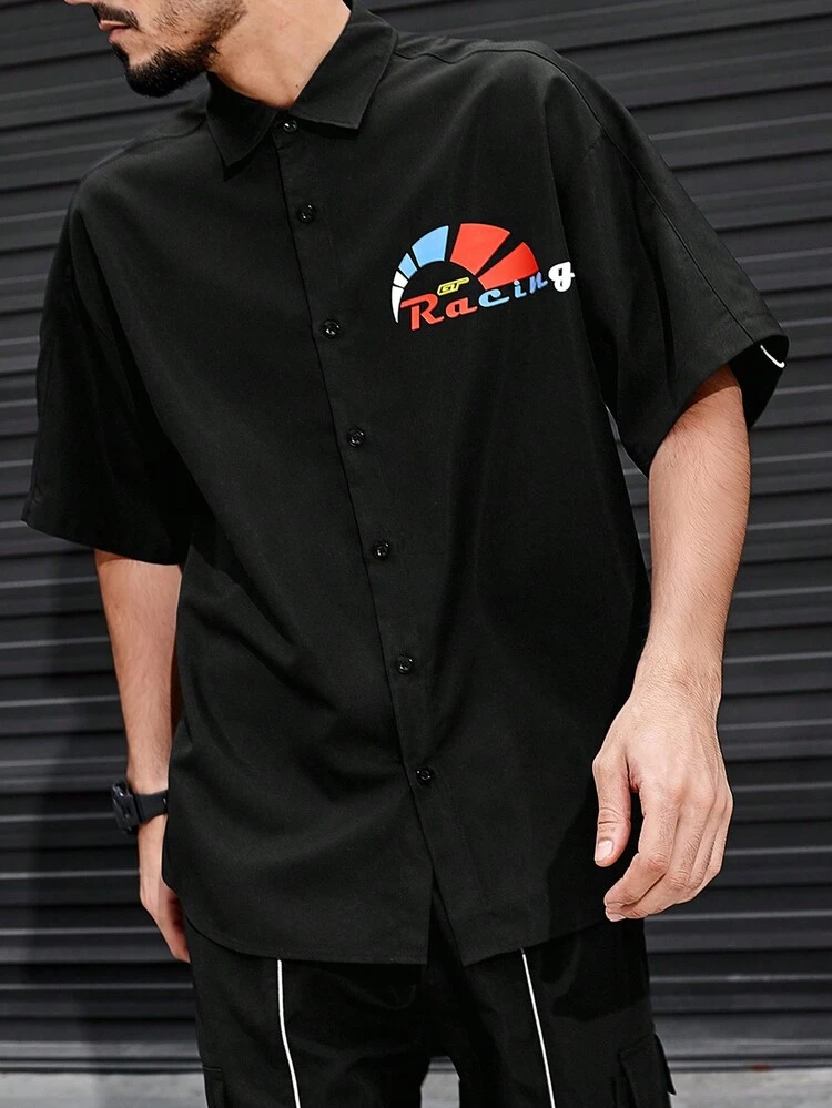 Men's Loose Fit Text Printed Short Sleeve Shirt