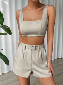 SHEIN EZwear 素色短款背心和褶皺短褲 - 杏色 - 查看 7