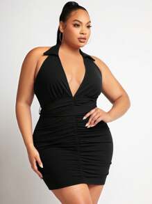 SHEIN SXY 大尺碼女式無袖針織褶皺領口雙肩帶禮服裙